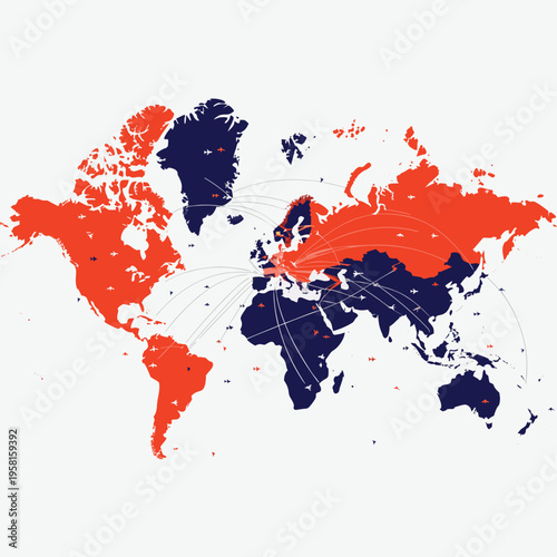 Stylized world map with bold red and navy continents, featuring global flight routes, connection lines, and airplane icons. Modern minimal vector illustration representing travel, logistics, and inter