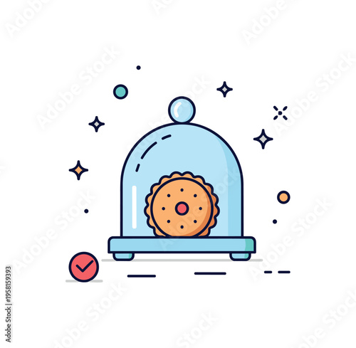 Bakery display cookie under a small glass dome with sparkle accents around. A refined micro scene celebrating artisanal desserts and cafe culture. Minimalist