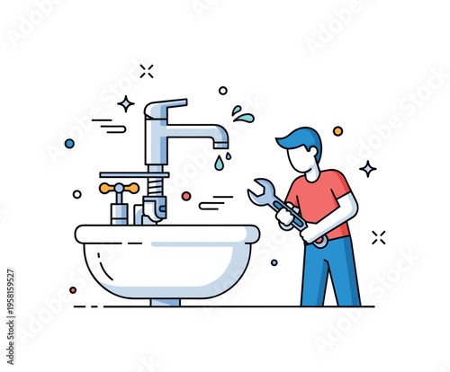Replacing a sink faucet with a person using a wrench and small decorative motion accents, tiny water droplets highlighting careful DIY installation and home