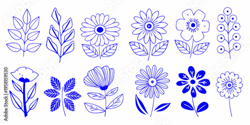 Collection of blue floral line drawings depicting various flower and leaf shapes