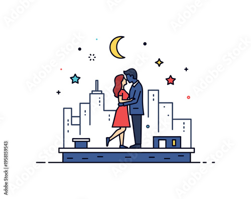 City rooftop midnight kiss couple silhouette standing close with simple building outlines below and star accents above. A cinematic micro scene about romance