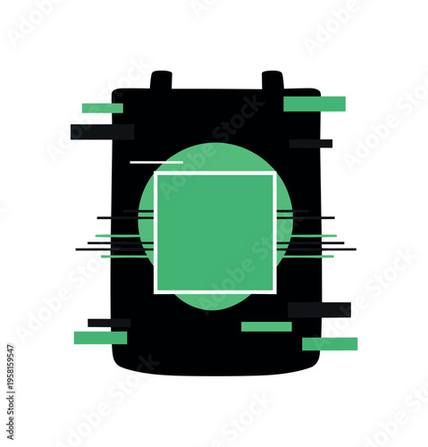 Black and white reusable tote bag featuring a bold green square label printed in the center, overlapping green semicircle behind like a halo, thin horizontal