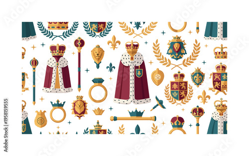 dynastic heir seamless pattern, crowns, scepters, robes, rings, family crests and royal motifs arranged in a repeating pattern, white background with deep gold