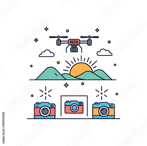 Drone filming sunrise landscape small drone hovering near a rising sun above simple hills while camera icons appear below capturing the morning