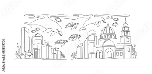 Sea Creatures Among Buildings. Minimalistic one-line drawing dolphins, turtles, and fish moving between underwater architectural structures, continuous single