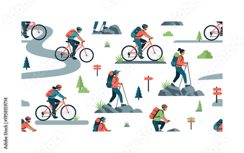 cycling and hiking pattern seamless pattern, cyclists on paths, hikers on trails, backpacks, water bottles, helmets and trail markers arranged in a repeating