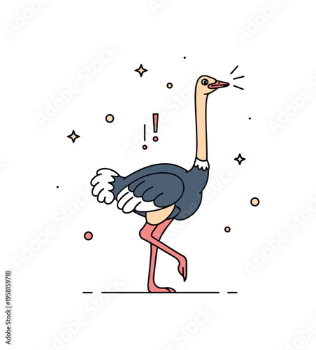 Ostrich looking around alert bird raising its long neck high while small exclamation lines near the head show awareness of its surroundings. The