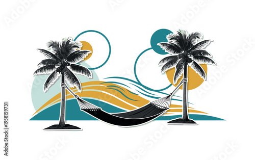 black and white hammock hanging between two palm trees near the coast, realistic cut-out objects with white outline, abstract circular halos and curved wave