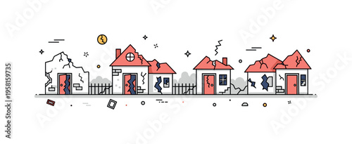 Crumbling houses with broken doors and cracked walls along deserted streets, small scattered objects hinting at sudden evacuation and loss. Minimalist flat