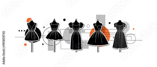 row of haute couture dresses on mannequin abstract circles lines and geometric shapes representing exclusive designer collection black and white