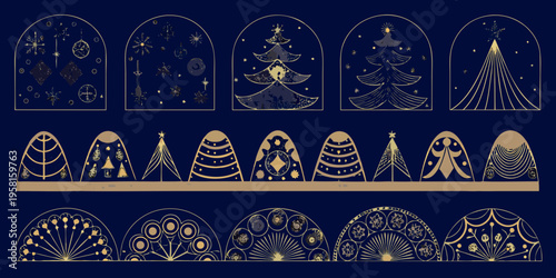 Decorative christmas arches with golden lines and wintry botanical designs