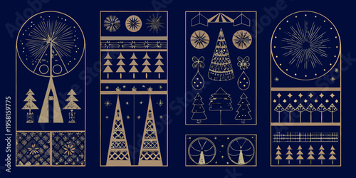 Four decorative panels featuring golden geometric and festive illustrations