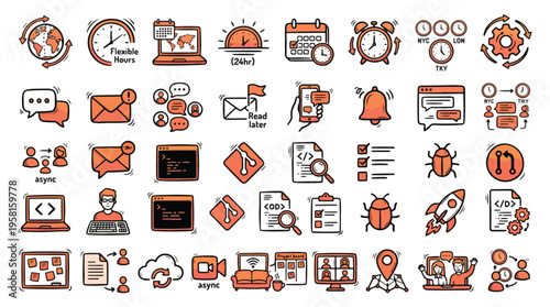 Remote Work and Development Icon Set in Doodle Style. A collection of linear icons, including coding, global team, flexible hours, async chat, debugging, git, cloud, project board, and more.