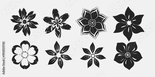 Eight black floral designs arranged on a light gray background