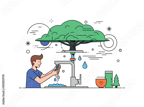 DIY kitchen faucet replacement showing a person aligning a modern faucet over a sink, tiny stars, motion lines, and water drops adding visual interest and
