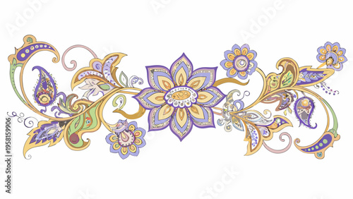 A colorful floral paisley design with swirling ornate details