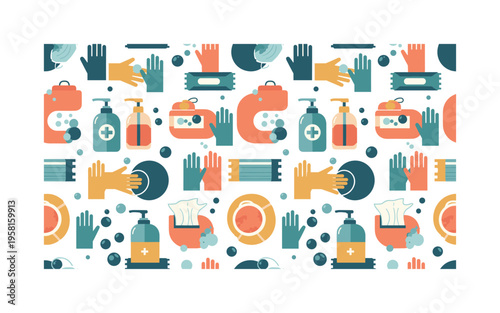 healthcare sanitation icons seamless pattern, handwashing icons sanitizer pumps gloves masks wipes and bubbles arranged in a repeating pattern, white
