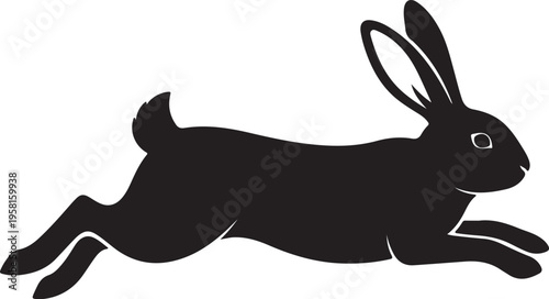 A black silhouette of a rabbit running quickly across a white background