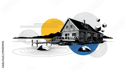 peaceful lake cabin by the water with black and white wooden house and dock, cut-out architecture with white outline effect, large yellow circle sun behind the