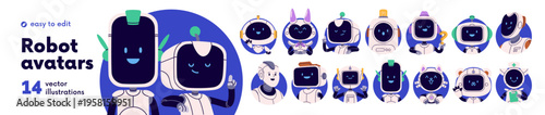 Happy robot avatars, digital assistants set. Cute AI characters, technology bots with smiling faces in circle round frames for user profiles. Flat vector illustration isolated on white background