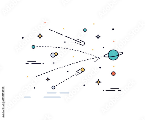 Cosmic rays from deep space energetic particles traveling through a starry background toward a small planet symbol while dotted trajectories visualize the