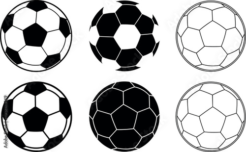 Soccer ball icon set with different styles including outline solid and abstract designs, football vector collection isolated on white background for sports design use