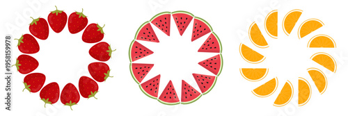 Summer fruit wreath set with strawberry, watermelon and orange round frames. Bright juicy vector borders, perfect for menus, packaging, posters and summer design.