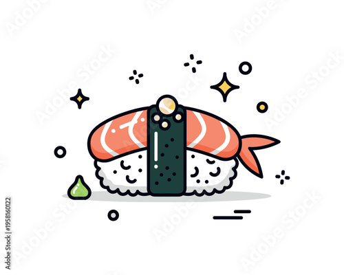 Modern fusion appetizer illustrated by a stylized sushi bite with delicate topping and subtle sparkle accent, symbolizing creativity and global culinary