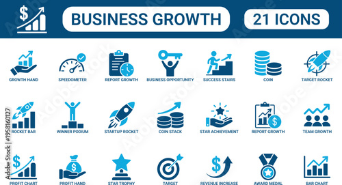 Business Growth and Success Icon Set with Profit Chart, Startup, Revenue Increase, Target Achievement and Investment Symbols in Flat Style for Finance Strategy, Startup Development and Market Growth