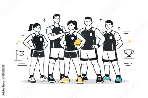 Sports team unity. A group of athletes standing together in matching uniforms, calm confident posture before a game. Strong sense of teamwork and shared goal