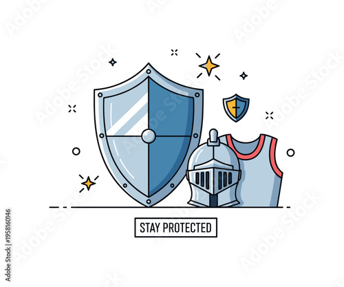 Shield and armor medieval protection concept with a polished shield standing beside a simple knight helmet and chest armor piece while small spark icons