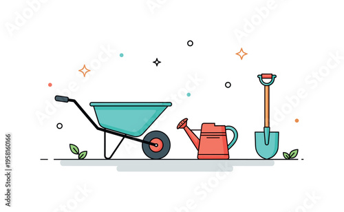 Wheelbarrow and gardening tools small wheelbarrow placed beside a watering can and shovel while tiny leaves decorate the scene. The composition represents