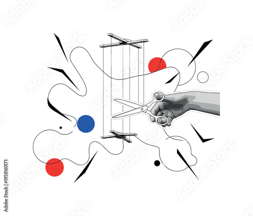 person cutting puppet strings abstract circles and sharp lines floating around symbolizing freedom and self control black and white retro style hand and