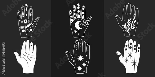 Mystical hands with celestial and botanical line art illustrations