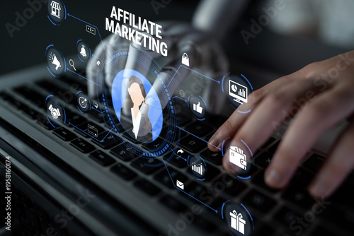 Tableau sur toile Hands of a Person Typing on a Laptop Keyboard with Affiliate Marketing Concept Visual Display and Digital Icons Representing Online Business Strategy Quark