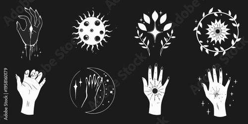 Celestial hands suns moons and stars in a mystical linear illustration