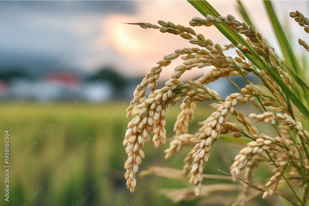 Fototapeta premium Golden rice grain close up in paddy field, mature crop ready for harvest, agriculture landscape at sunset, natural rural scene