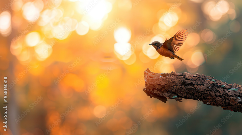 Fototapeta premium Golden light bathes a small bird in mid-flight