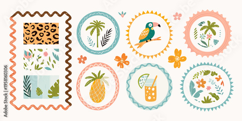 Colorful tropical stickers and frames with floral and animal motifs