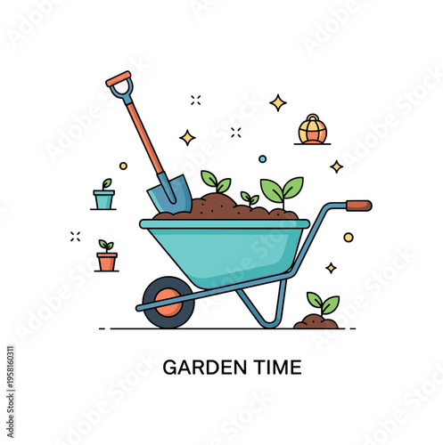 Wheelbarrow garden work scene sturdy wheelbarrow filled with soil and small plants while a shovel leans gently against the side. Tiny sparkle icons and a label