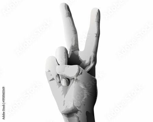 A grayscale image depicting a hand making the peace sign gesture