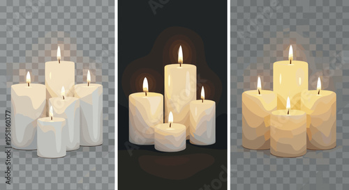 Set of realistic burning candles with wax drips and soft glowing light isolated on transparent and dark backgrounds for decoration and relaxation design