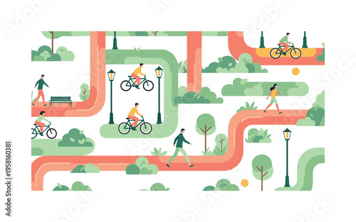 Urban green promenade seamless pattern, cyclists walkers park lamps bushes and small trees arranged in a repeating pattern, white background with fresh green