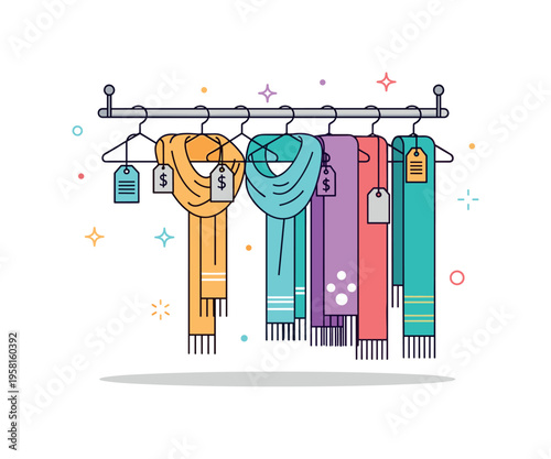 Colorful scarves and shawls hanging neatly on a boutique rack with small price tags and soft highlights that convey a curated fashion display. The scene evokes