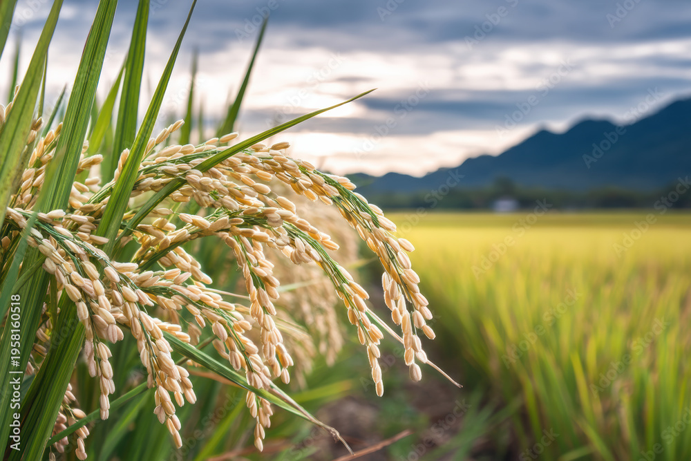 Fototapeta premium Golden rice plant close up, mature grain in paddy field with mountain and cloudy sky background, natural harvest season