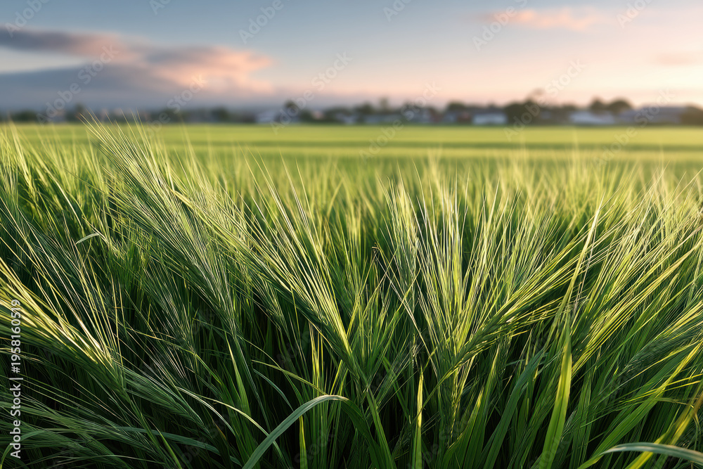 Naklejka premium Lush green paddy field with tall rice plants swaying in wind, rural landscape, agriculture, serene and natural beauty