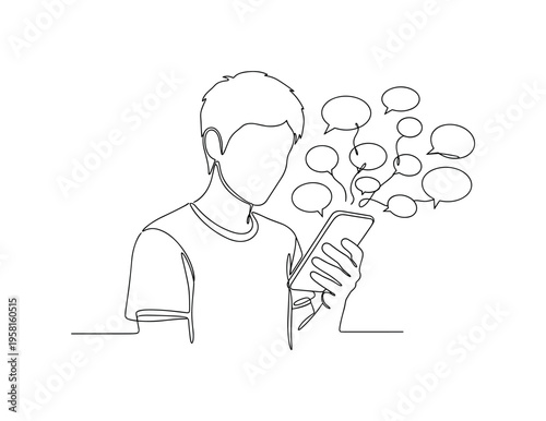 Language Learning App. Minimalistic one-line drawing person holding smartphone with speech bubbles symbolizing language learning application, continuous single