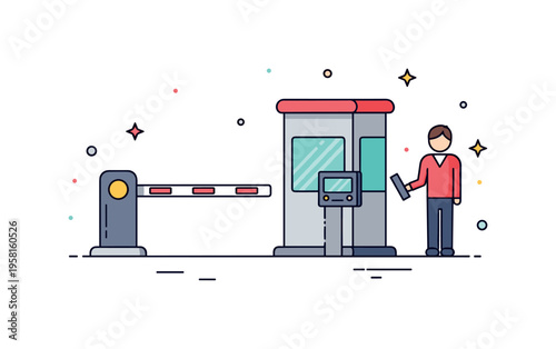 Security control gate checkpoint with a barrier arm and guard station while a visitor approaches for inspection. Simple illustration representing access