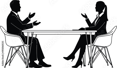 Professional business meeting silhouette vector illustration of two people communicating across table, formal attire, negotiation, interview, teamwork, corporate discussion