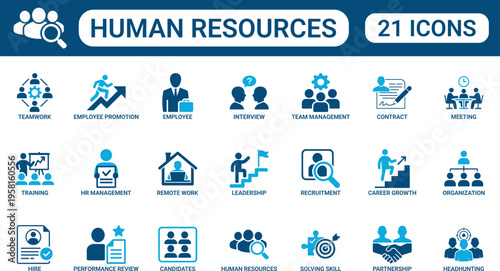 Human Resources and Recruitment Icon Set with Interview, Hiring, Team Management, Employee Training, Career Growth, Performance Review Symbols in Solid Style for Corporate Staffing and HR Management